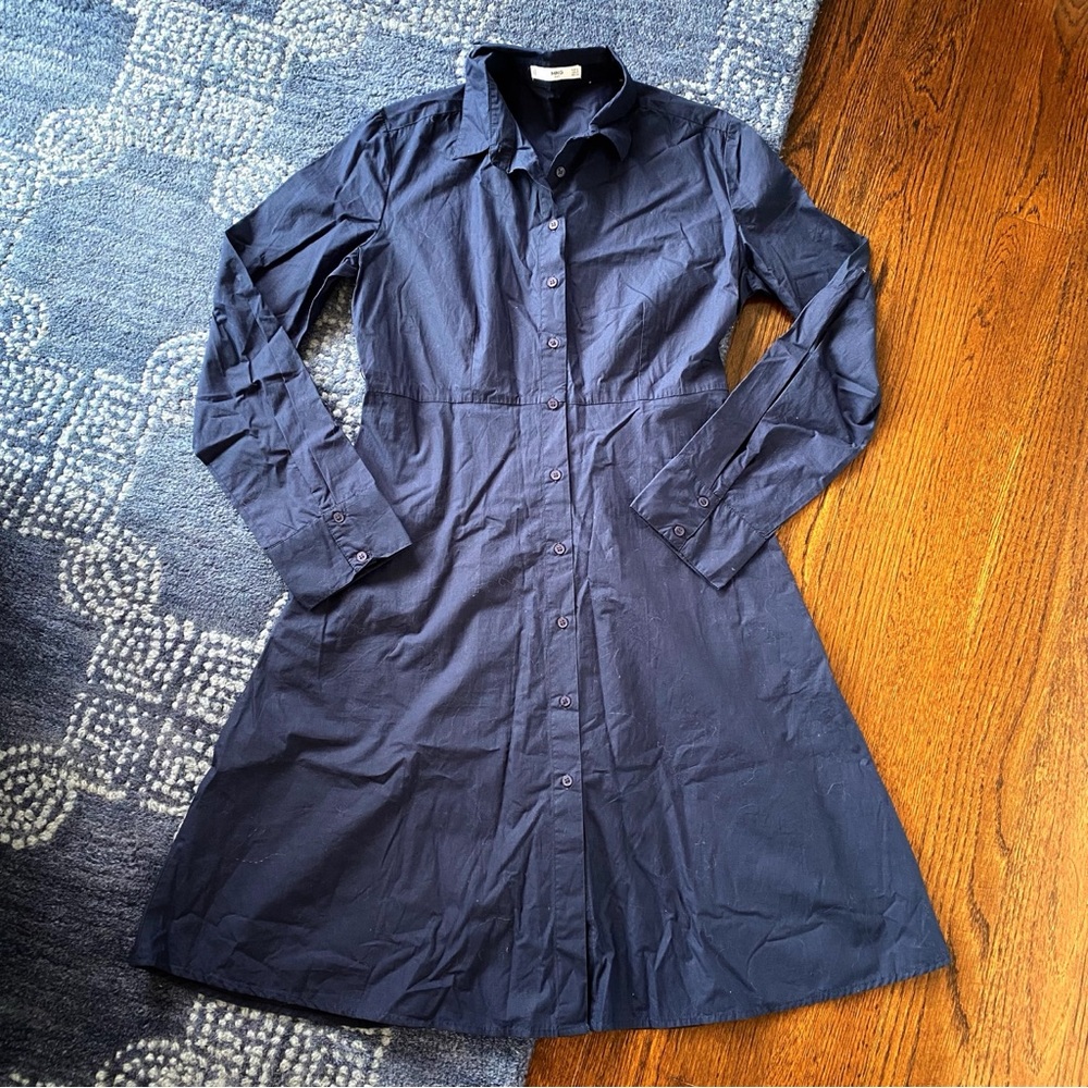 💙 MANGO NAVY COTTON LONG SLEEVE COLLARED KNEE LENGTH BUTTON DOWN DRESS! - Picture 6 of 12